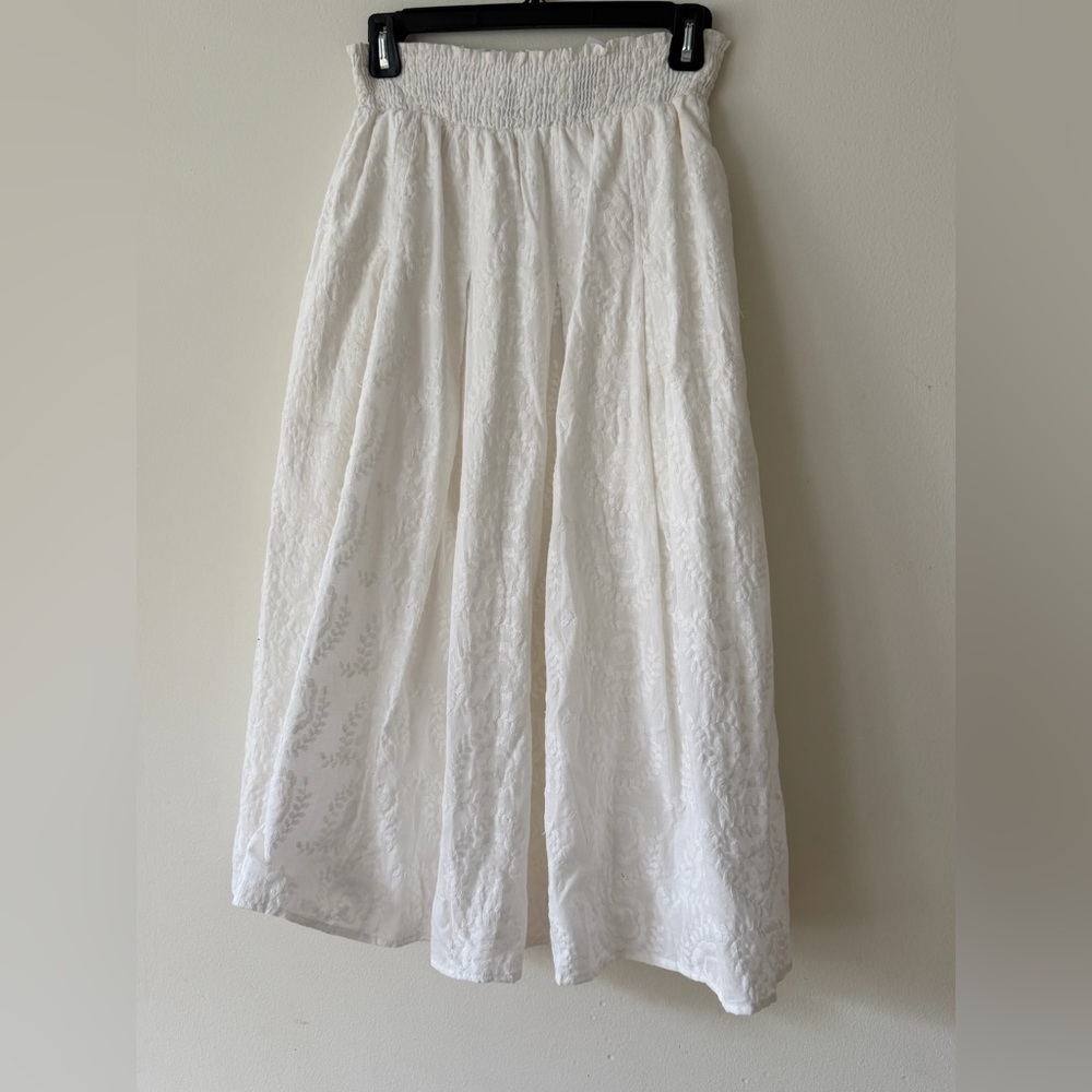 BURU White Embroidered Midi Skirt Smocked Waist NWT Feminine XS